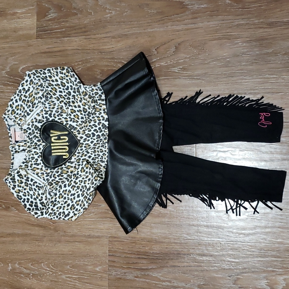 (3T) Juicy Couture Leopard Print Faux Leather Long Sleeve Top & Fringe Pants